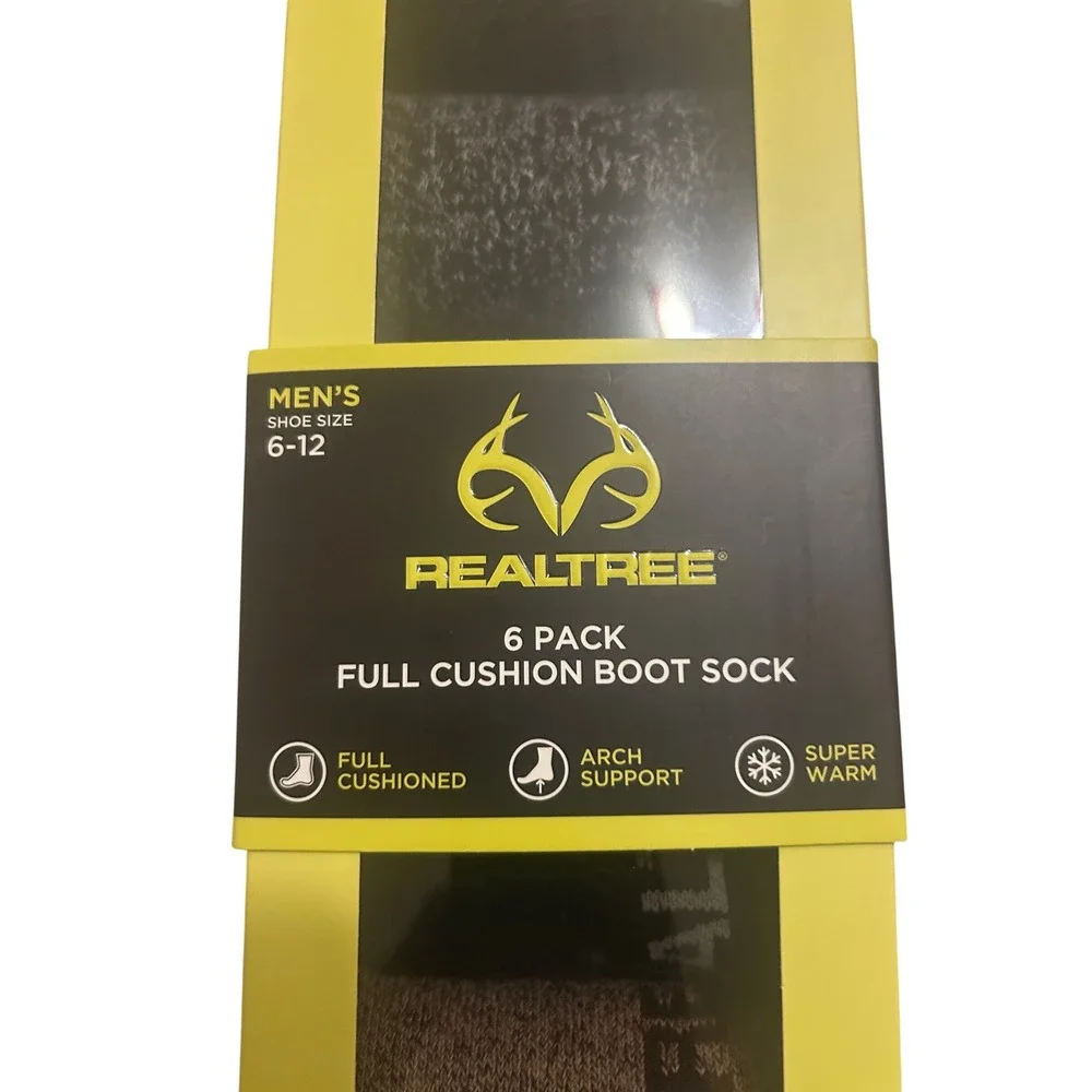RealTree Mens 6 Pack Full Cushion Boot Socks Shoe Size 6‎ 12